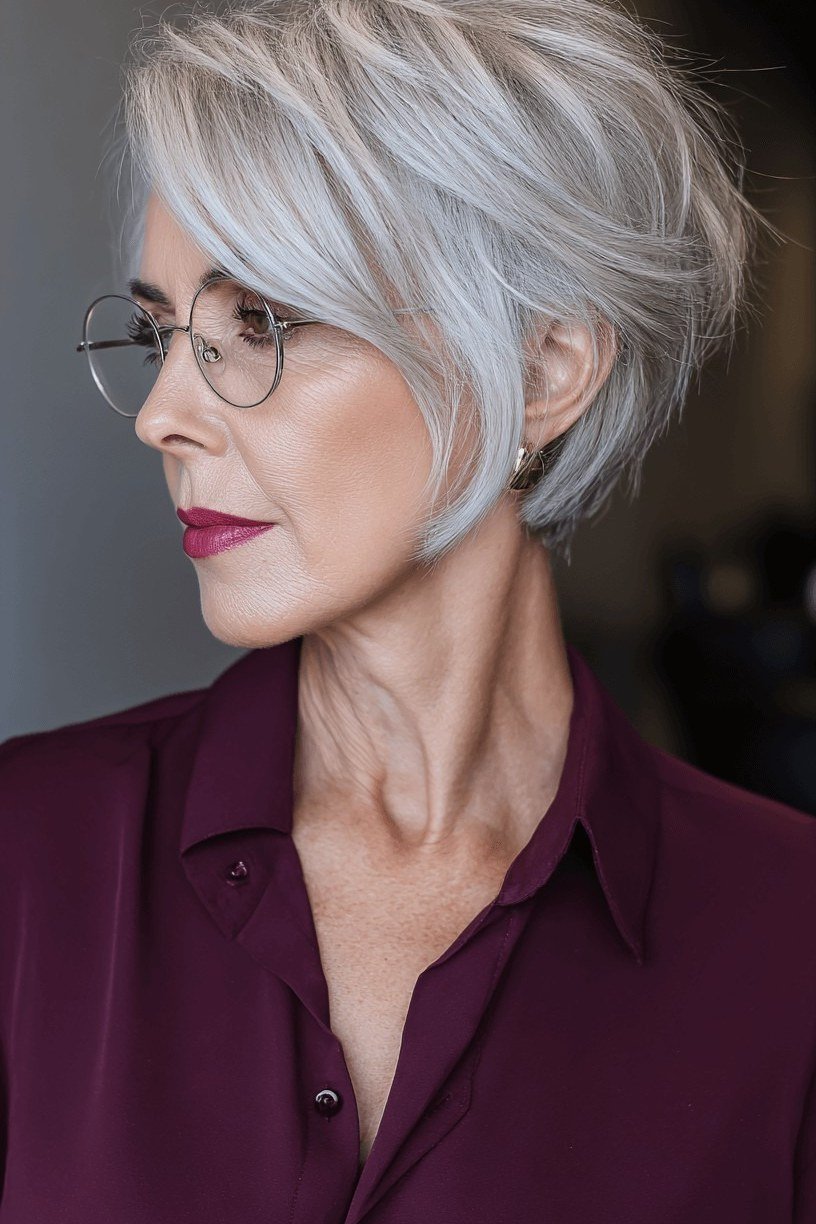 White pixie haircut with side bangs and glasses for women over 60
