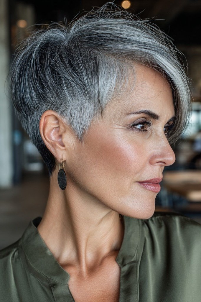 Grey pixie haircut with long sweeping side bangs, profile view, for older women