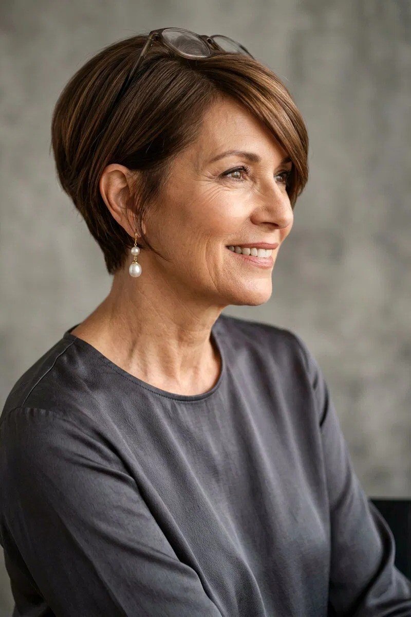 Chestnut brown pixie haircut with side swept bangs for older women