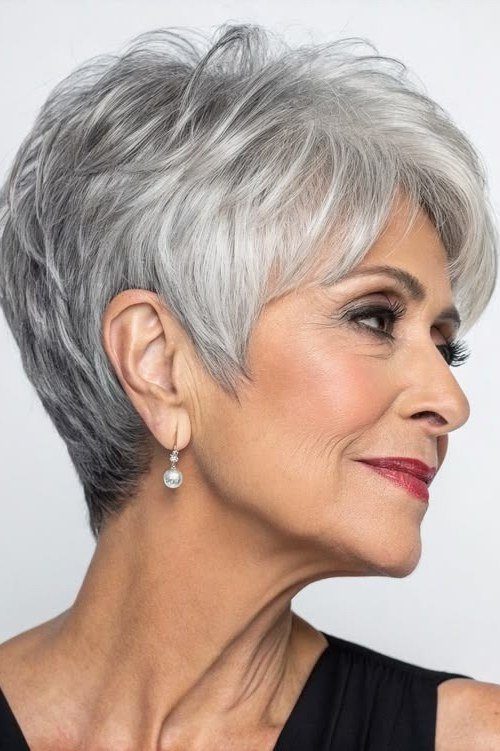 Grey pixie haircut with swept bangs, side profile view, for older women