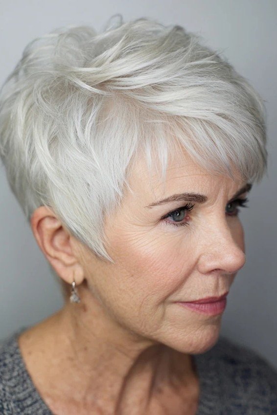 White layered pixie haircut with light fringe for older women