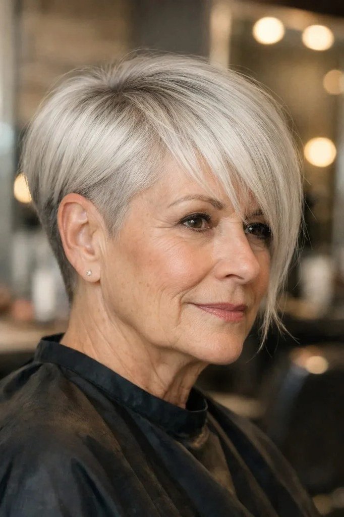 White pixie haircut with side swept bangs at the salon for women over 60