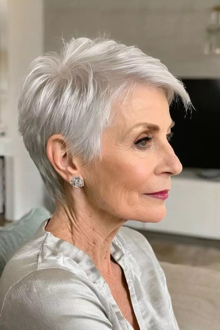 White pixie haircut with side swept bangs, side profile, for older women