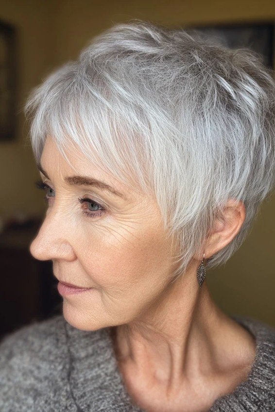 Snowy white pixie haircut with soft fringe for women over 60