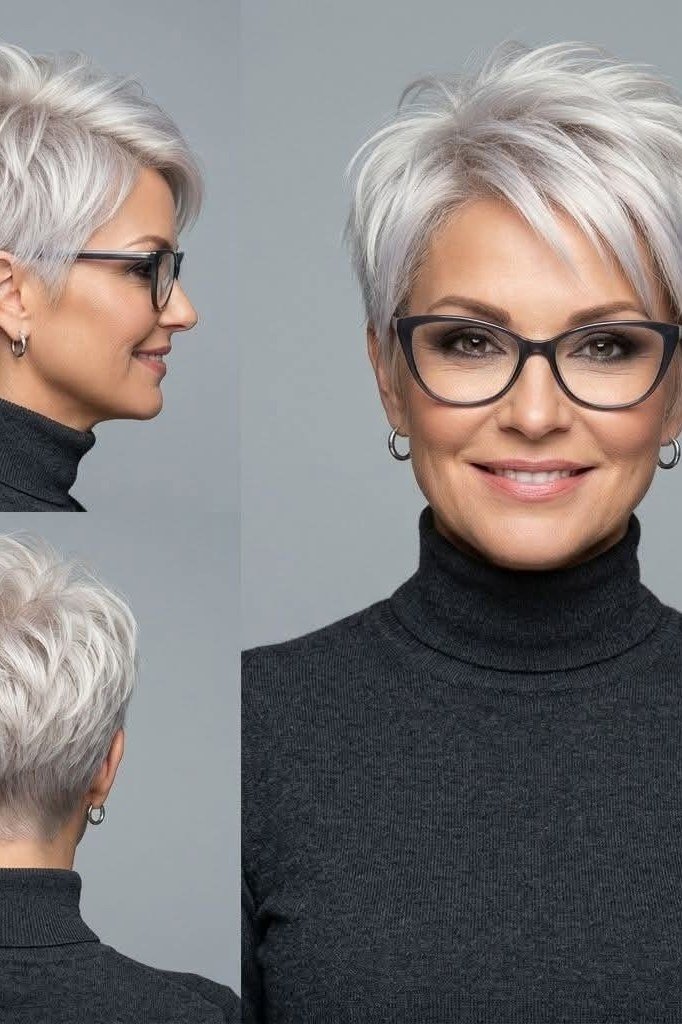 White pixie haircut with fringe and glasses for older women