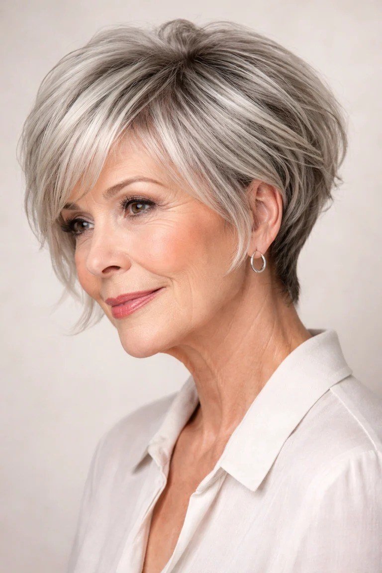 Blonde grey pixie haircut with side swept bangs for women over 60
