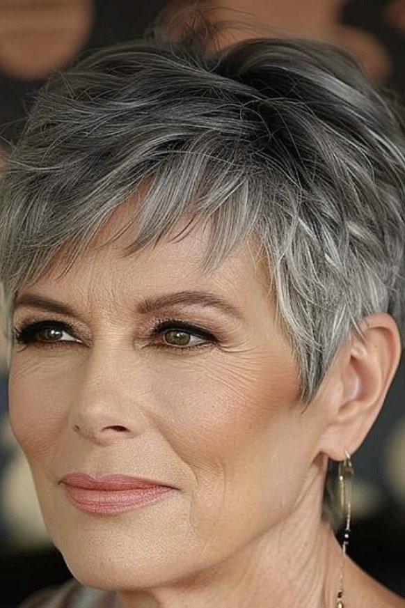 Grey pixie haircut with choppy textured bangs for older women