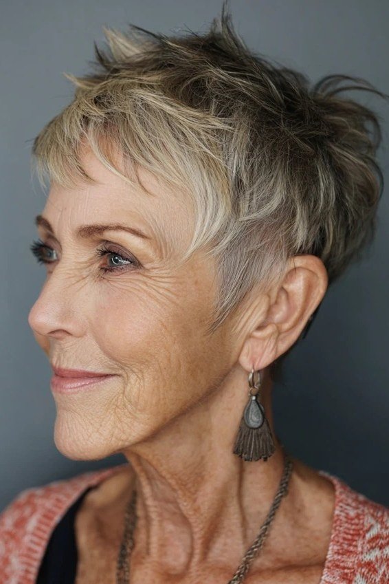 Textured ash pixie haircut with choppy piecey bangs for older women