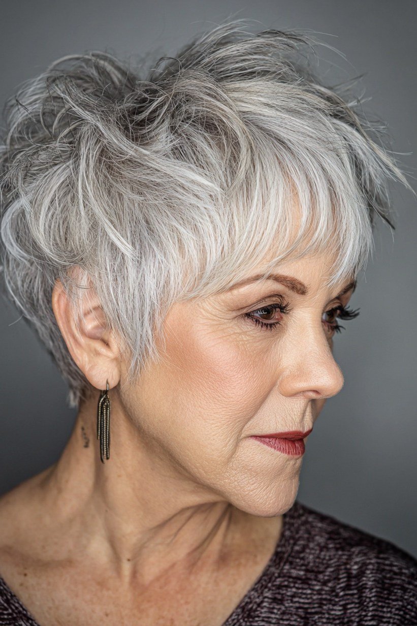 White pixie haircut with soft feathered fringe for women over 60