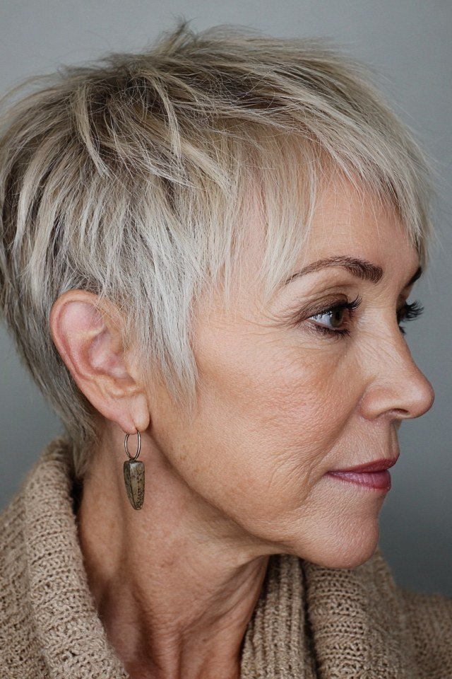 Ash pixie haircut with side bangs, profile view, for older women