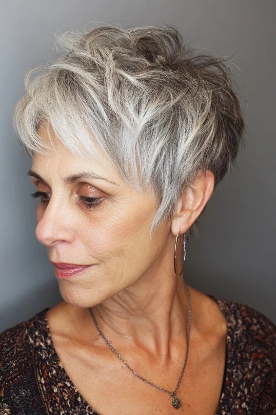 Silver pixie haircut with soft light bangs for women over 60