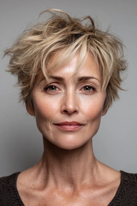 Tousled blonde pixie haircut with wispy bangs for older women