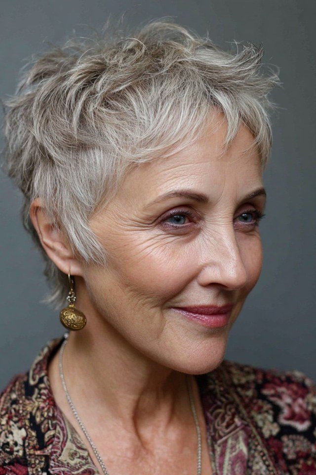 Silver pixie haircut with easy side bangs for everyday wear, women over 60