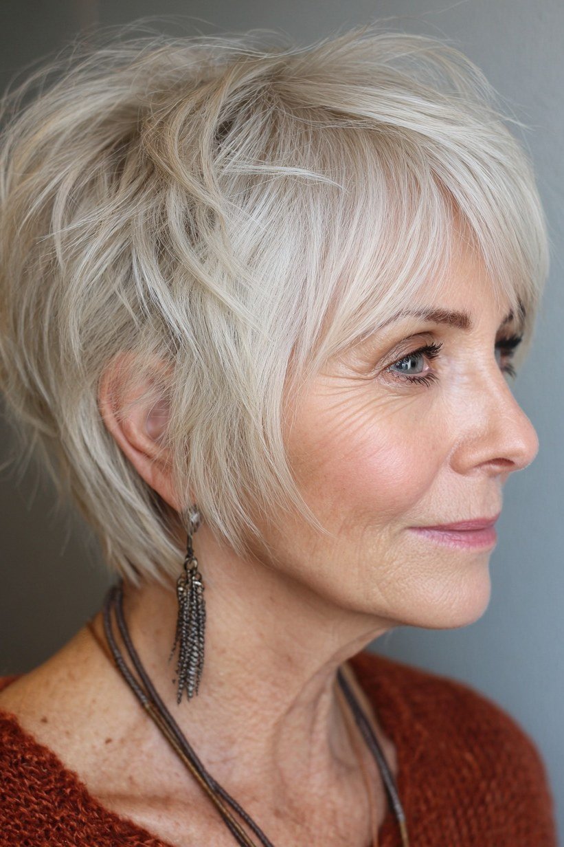 Classic white pixie haircut with side sweep for women over 60, profile view
