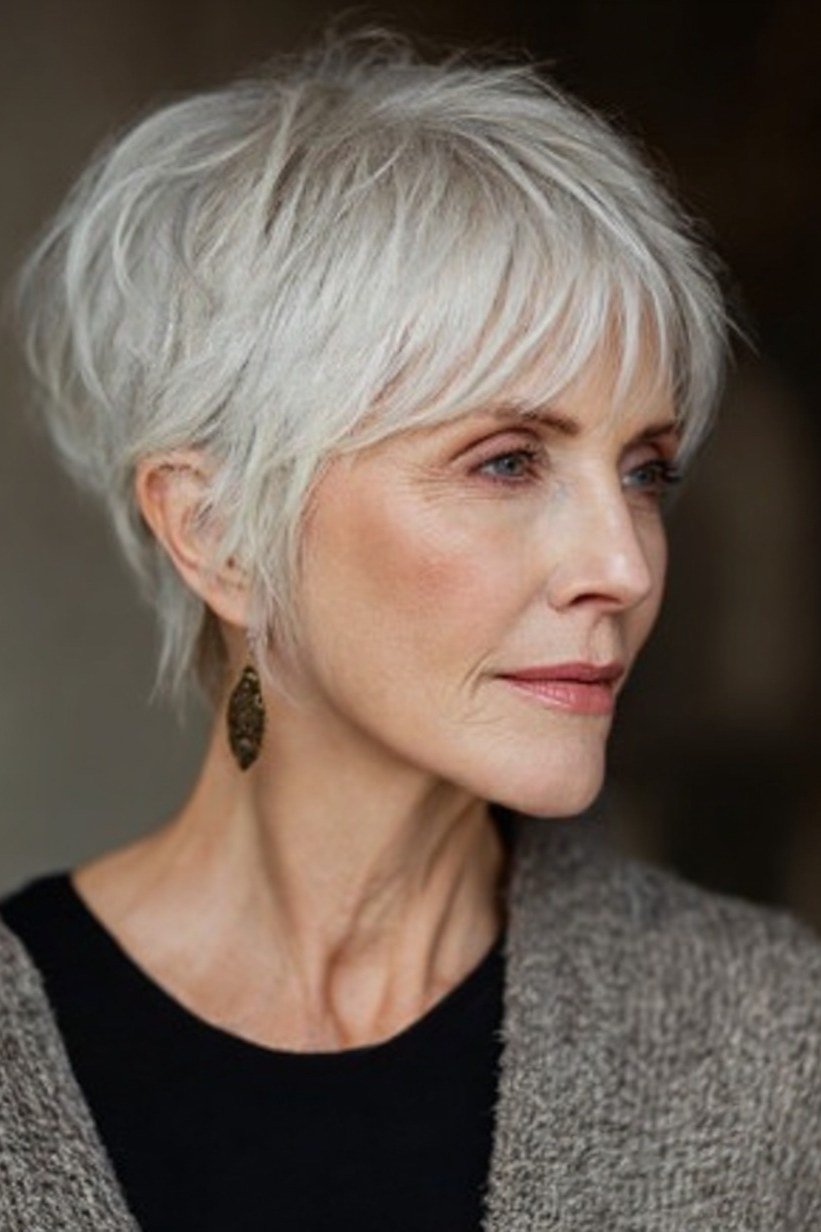 White pixie haircut with friendly everyday bangs for older women