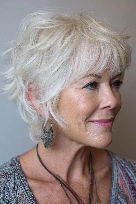 White pixie haircut with full thick fringe for women over 60