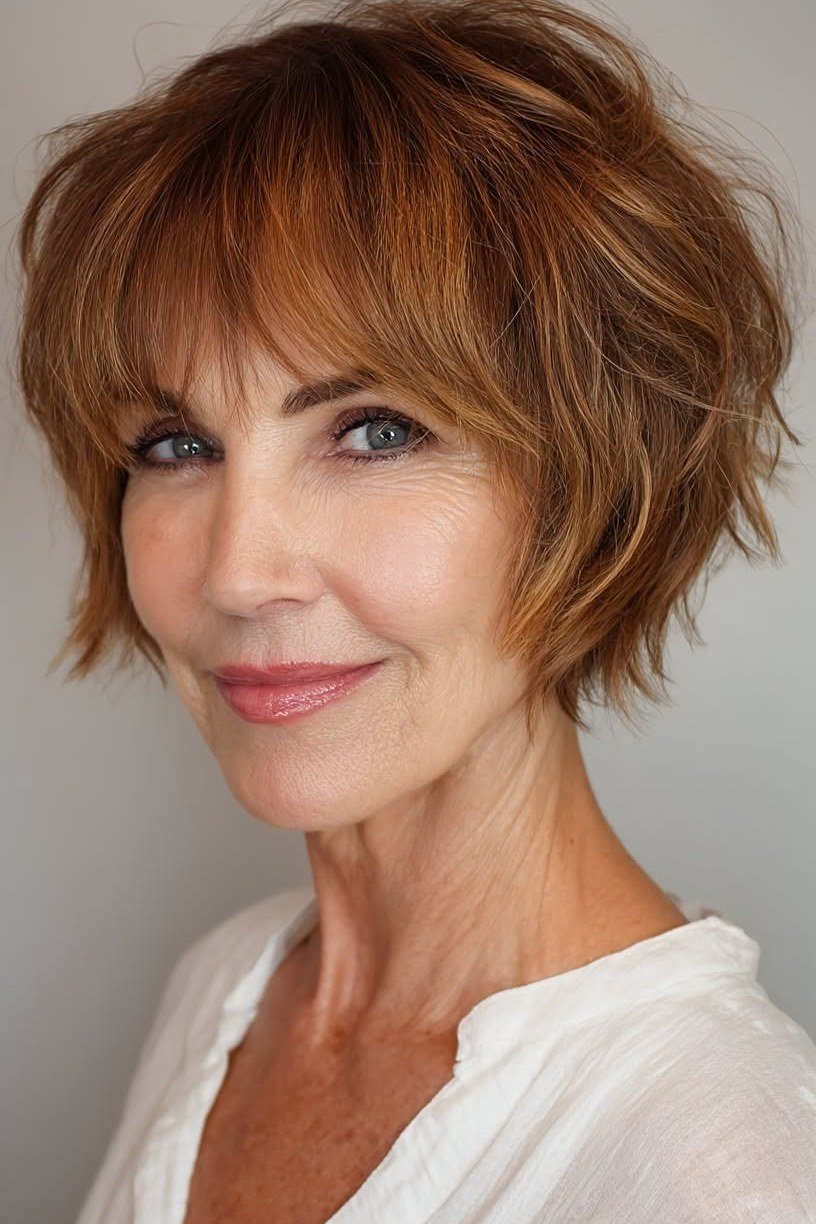 Auburn pixie haircut with full bangs for women over 60, front view