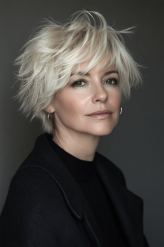 White pixie haircut with natural downward bangs for women over 60