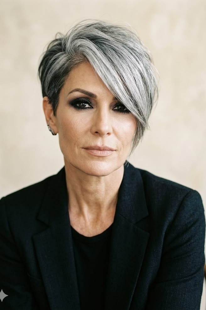 Silver pixie haircut with dramatic deep side swept bangs for older women