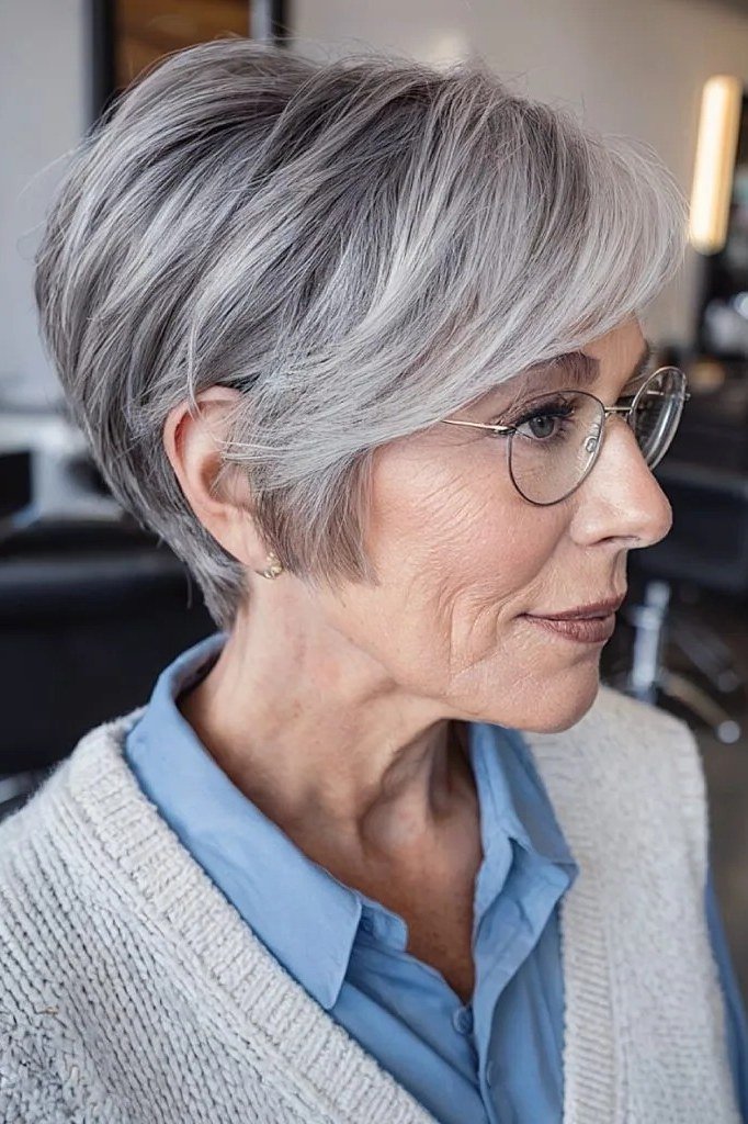 Grey pixie haircut with neat bangs and glasses for older women