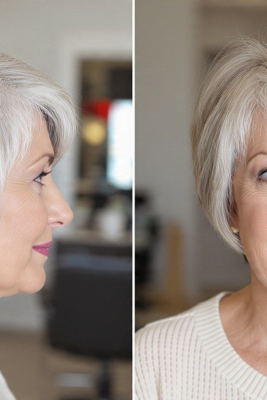 White pixie haircut with bangs shown front and side for older women