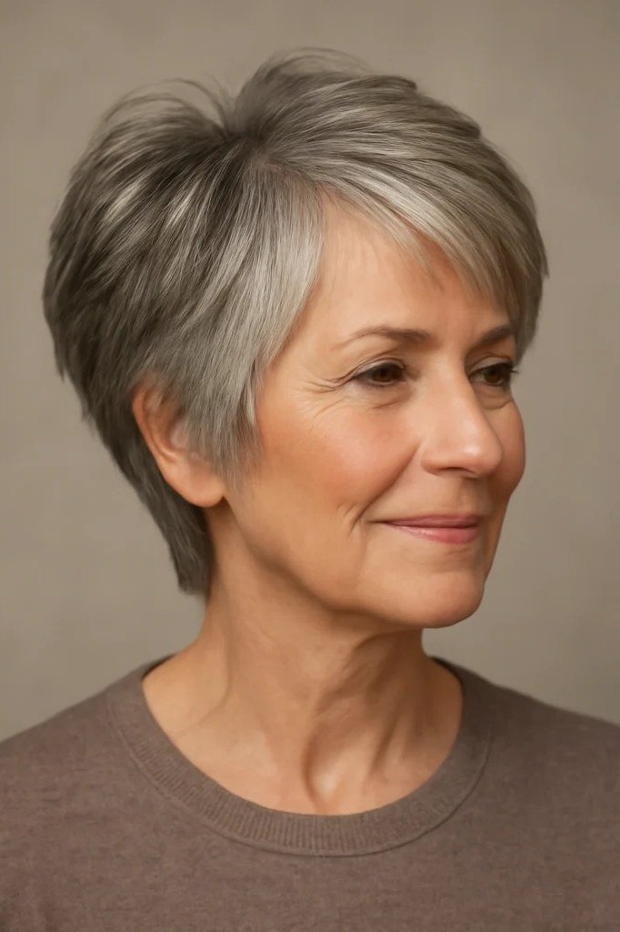 Clean silver pixie haircut with neat bangs for women over 60