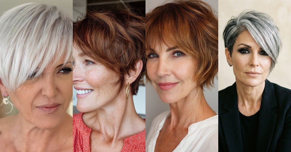 Collage of 66 pixie haircuts with bangs for women over 60, featured image