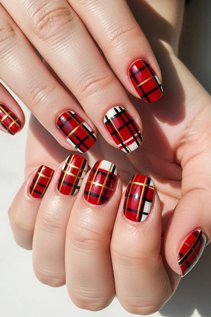 Scarlet red and black plaid nails on glossy almond nails