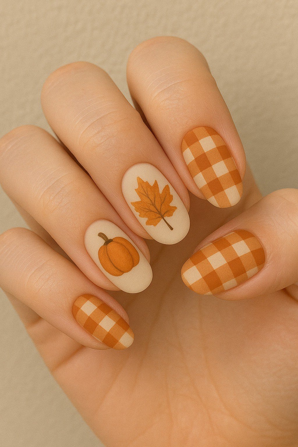 Burnt orange gingham nails with maple leaf and pumpkin art