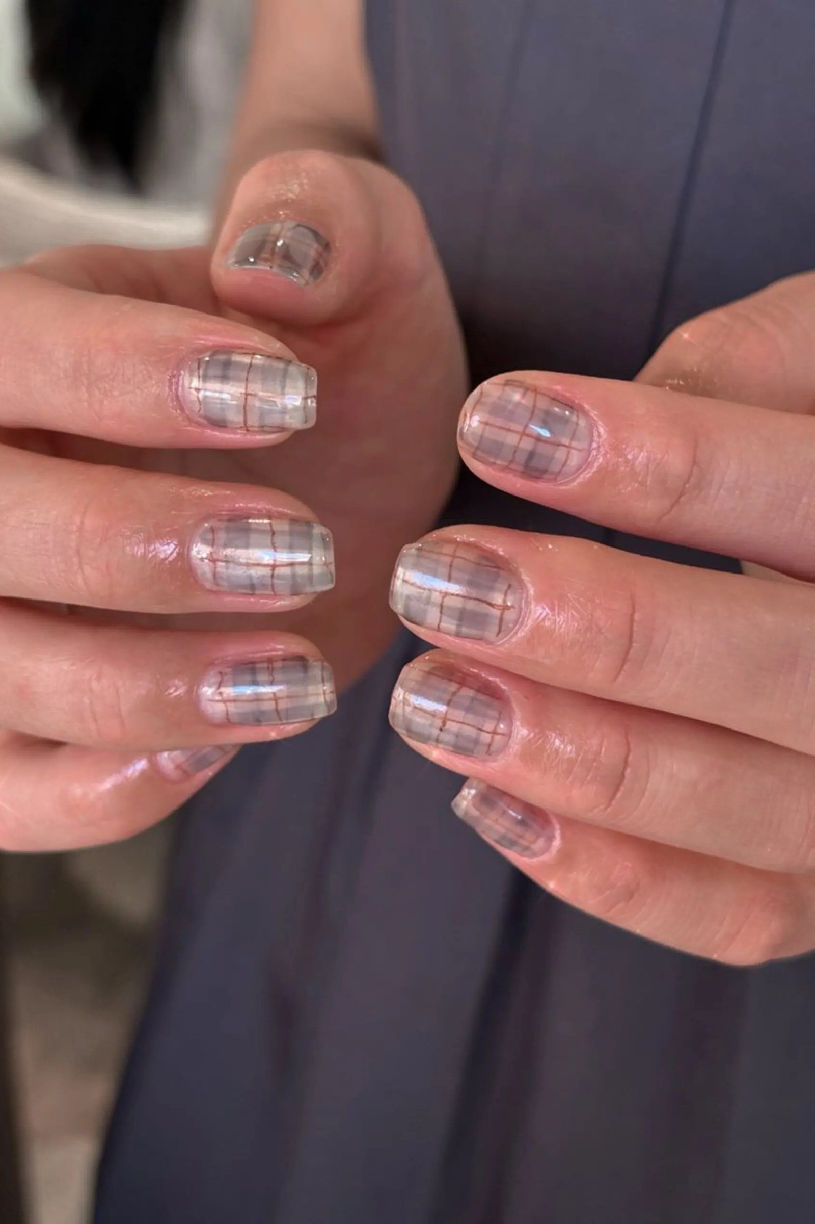Barely there gray plaid on sheer short nails