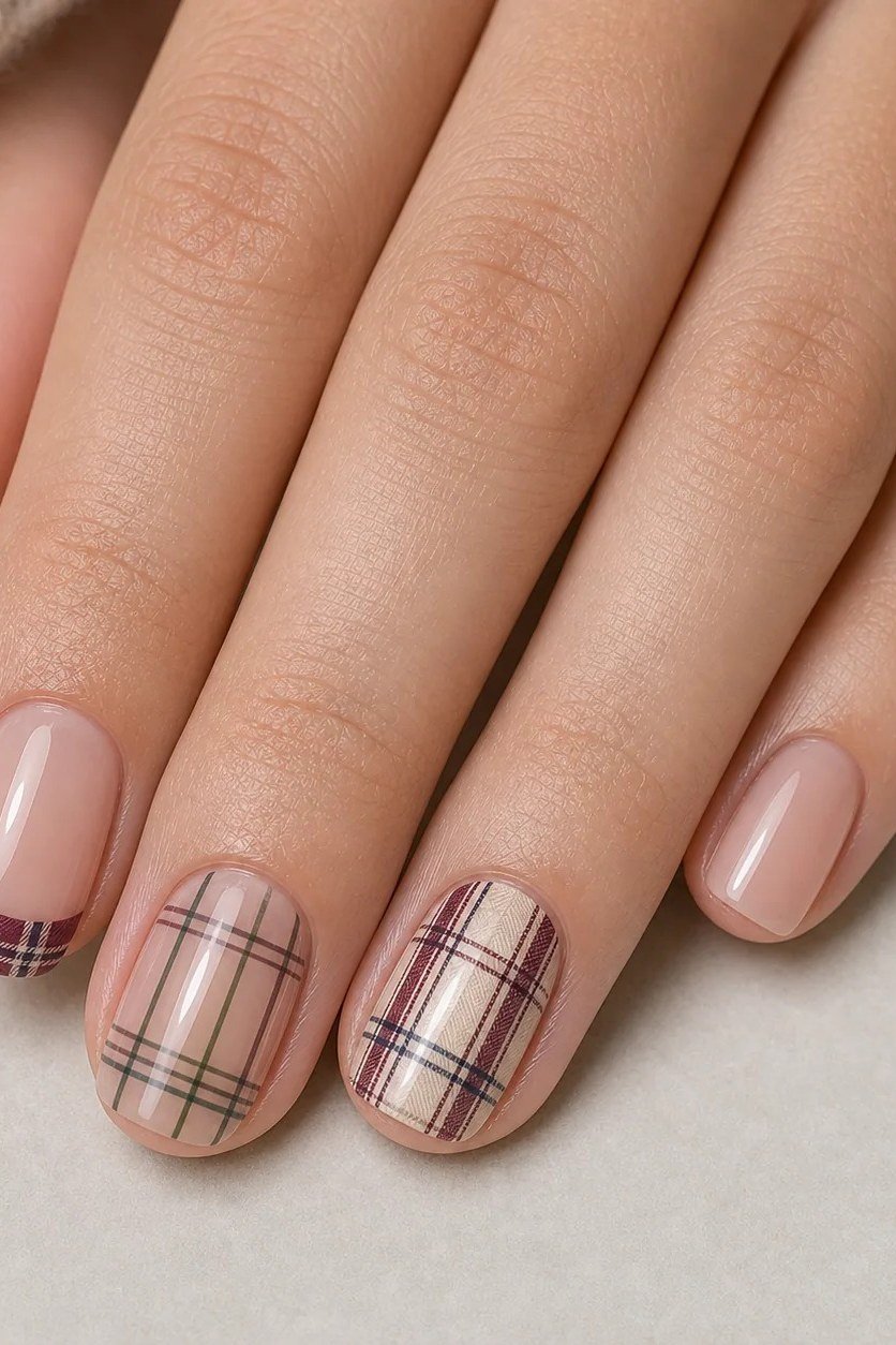 Bare nude nails with minimal plaid accent nails