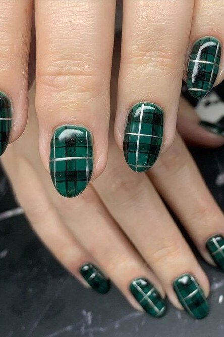 Deep pine green plaid nails with white lines
