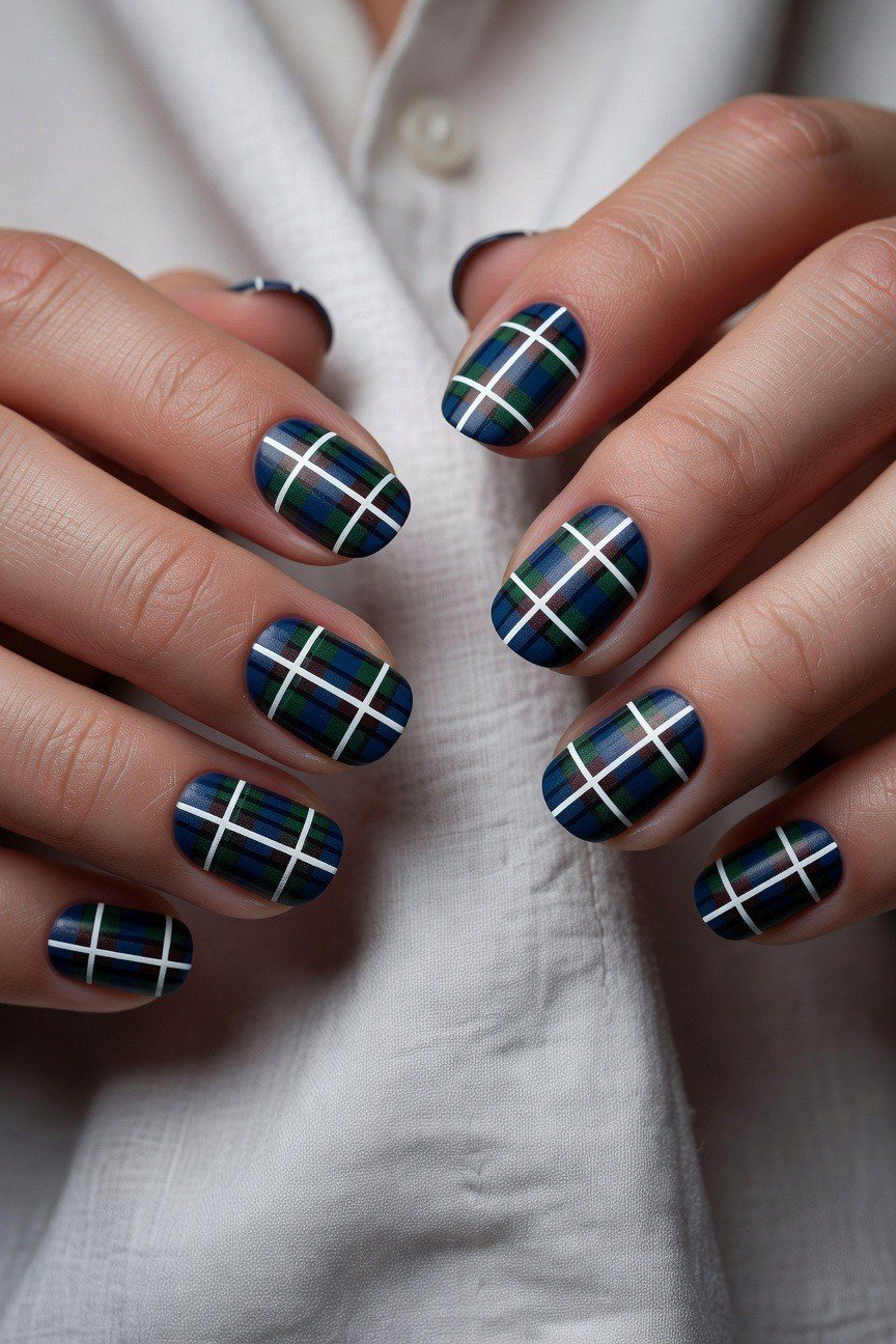 Navy blue plaid nails on short almond nails