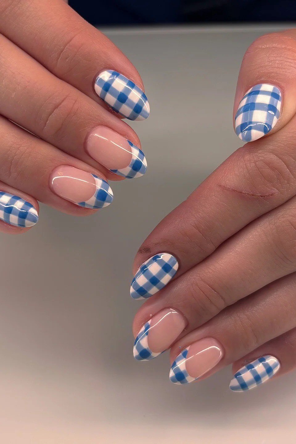 Blue and white gingham french tip nails