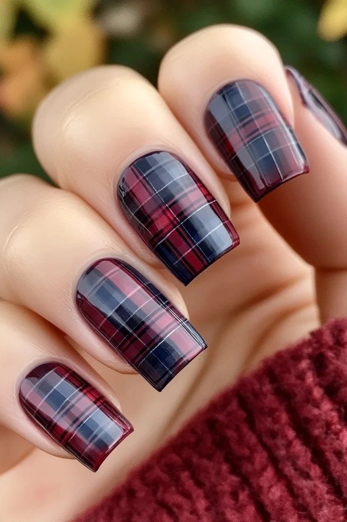 Midnight navy and purple plaid on squoval nails