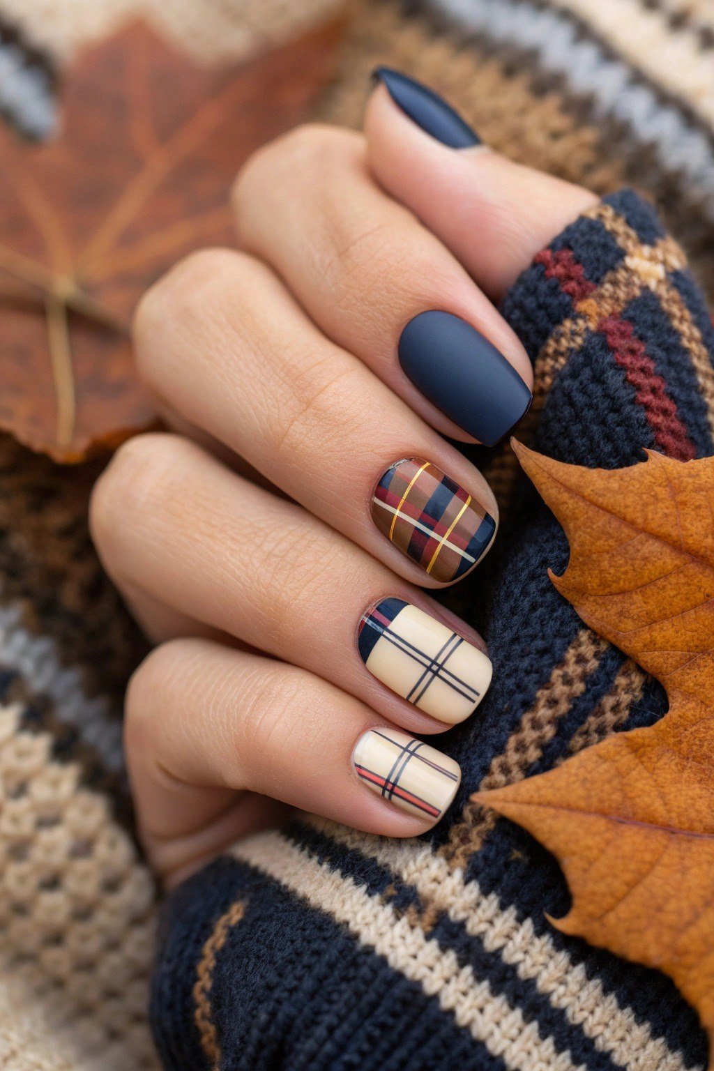 Navy plaid nails with maple leaves for fall