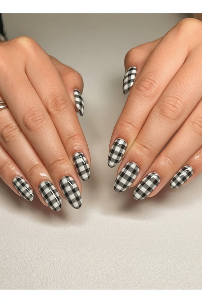 Mini black and white gingham on almond nails