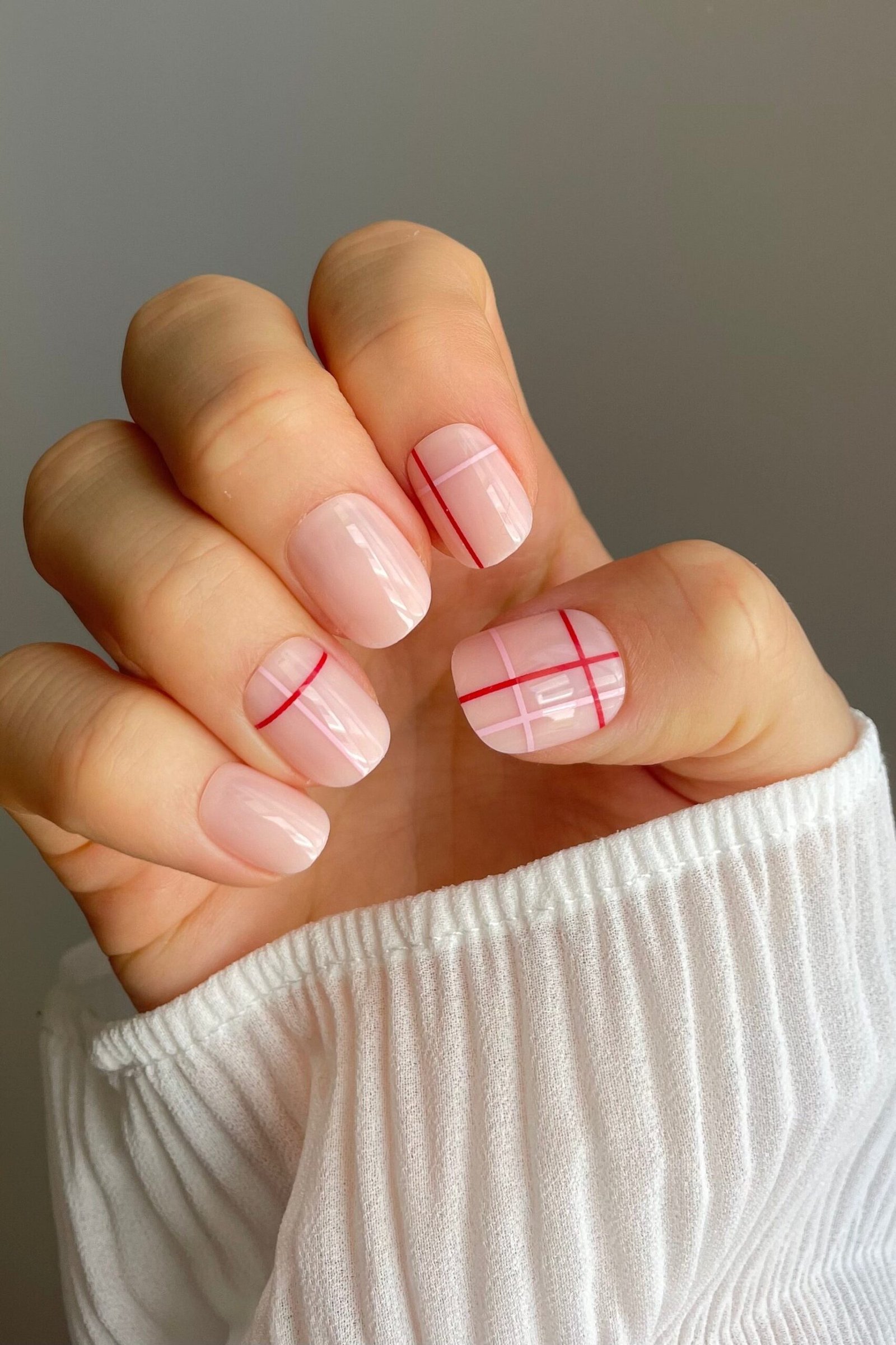 Whisper pink plaid on sheer short nails