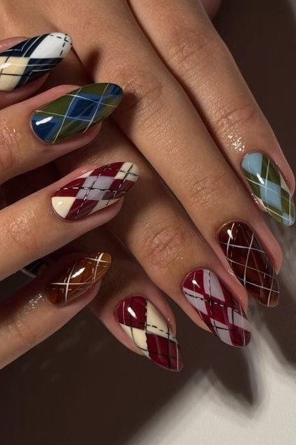 Jewel tone plaid nails in green navy burgundy and gold