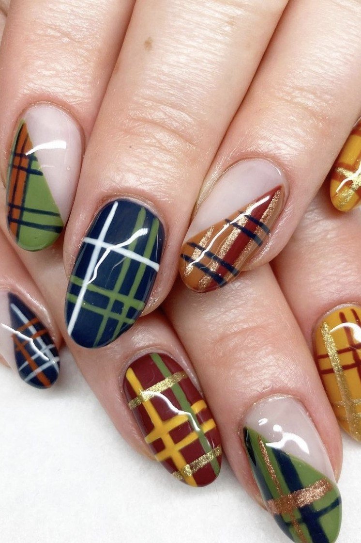 Mustard green and navy madras plaid on almond nails