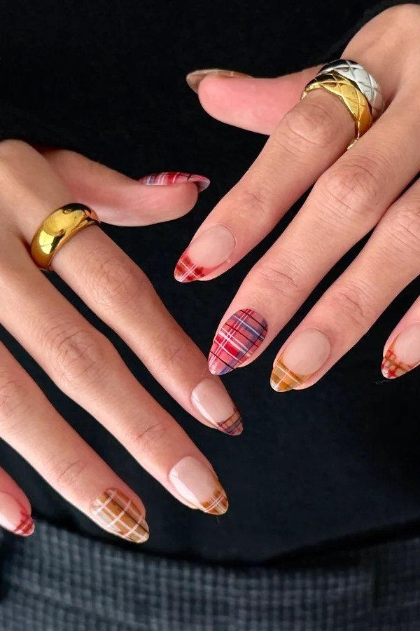Red and blue mini plaid french tips on nude nails
