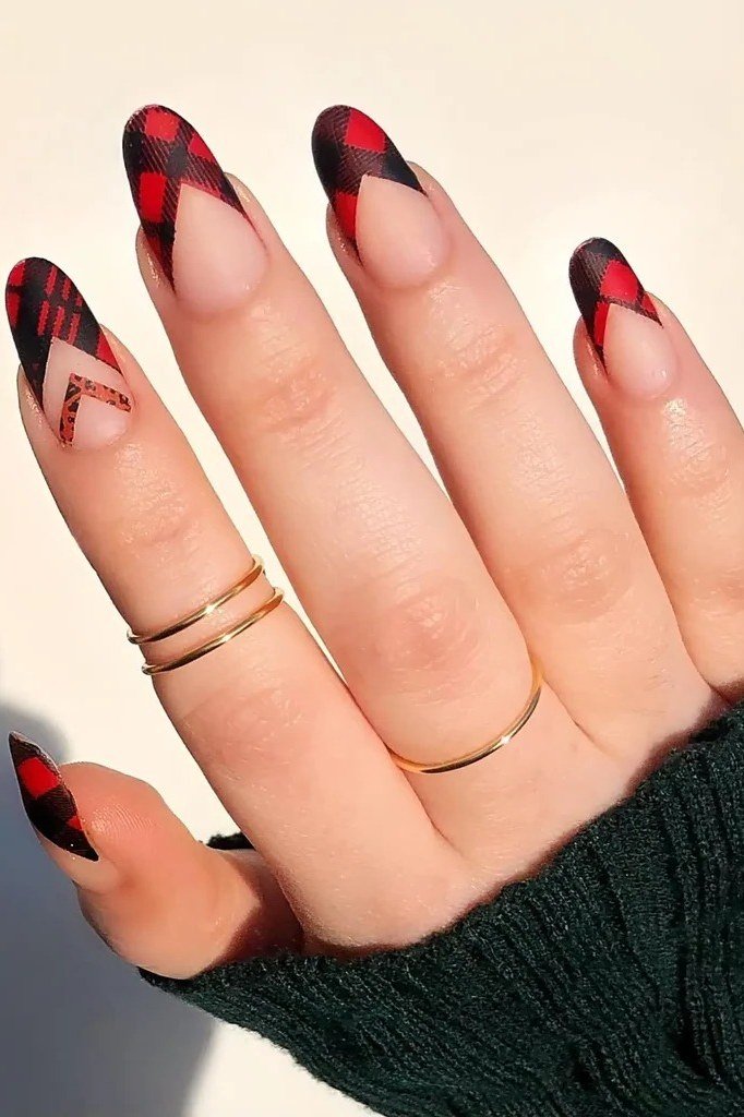 Scarlet red and black plaid french tip nails