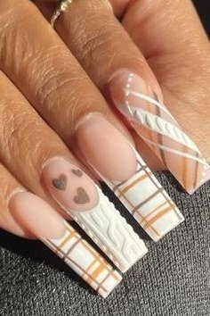 Beige and gold plaid with white sweater knit nails