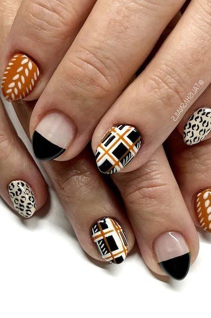 Black and gold plaid with chevron and leopard accent nails