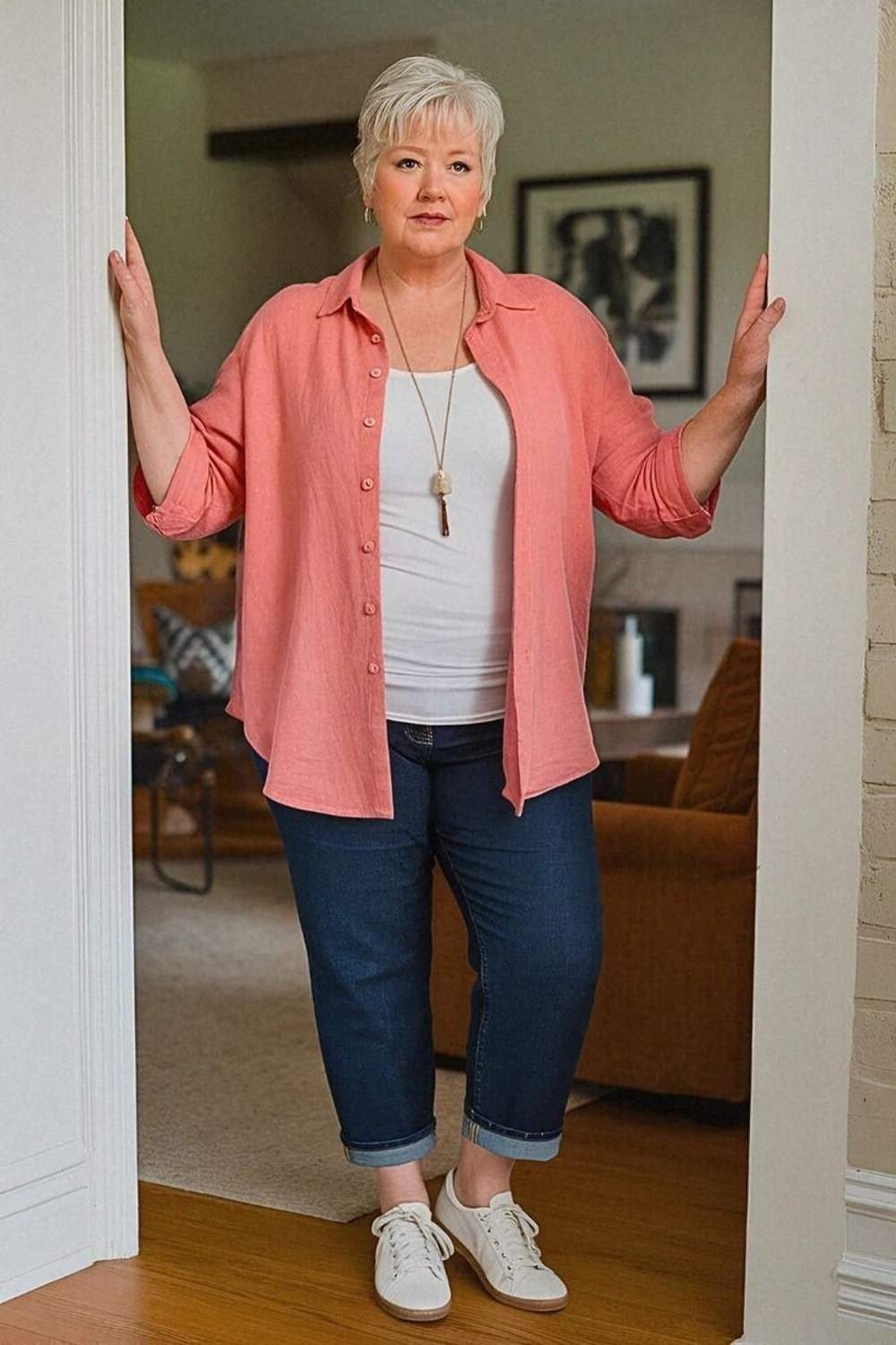 plus-size woman over 60 wearing coral button-up shirt with cuffed dark jeans and white sneakers