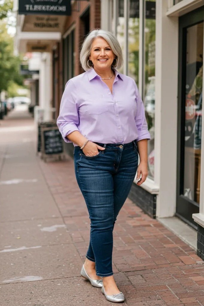 plus-size woman over 60 wearing lavender button-up shirt tucked into dark jeans with ballet flats