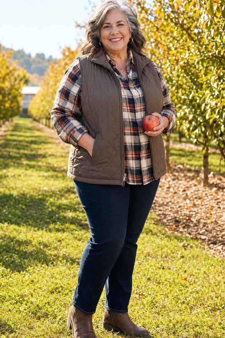 plus-size older woman wearing quilted vest over red plaid shirt with jeans and boots