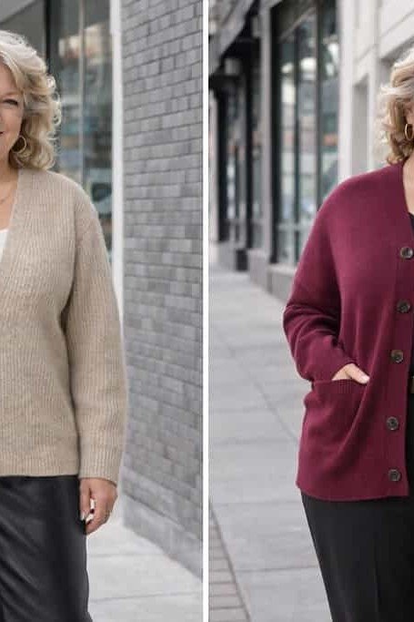 curvy woman over 60 wearing burgundy cardigan over black top and trousers on street