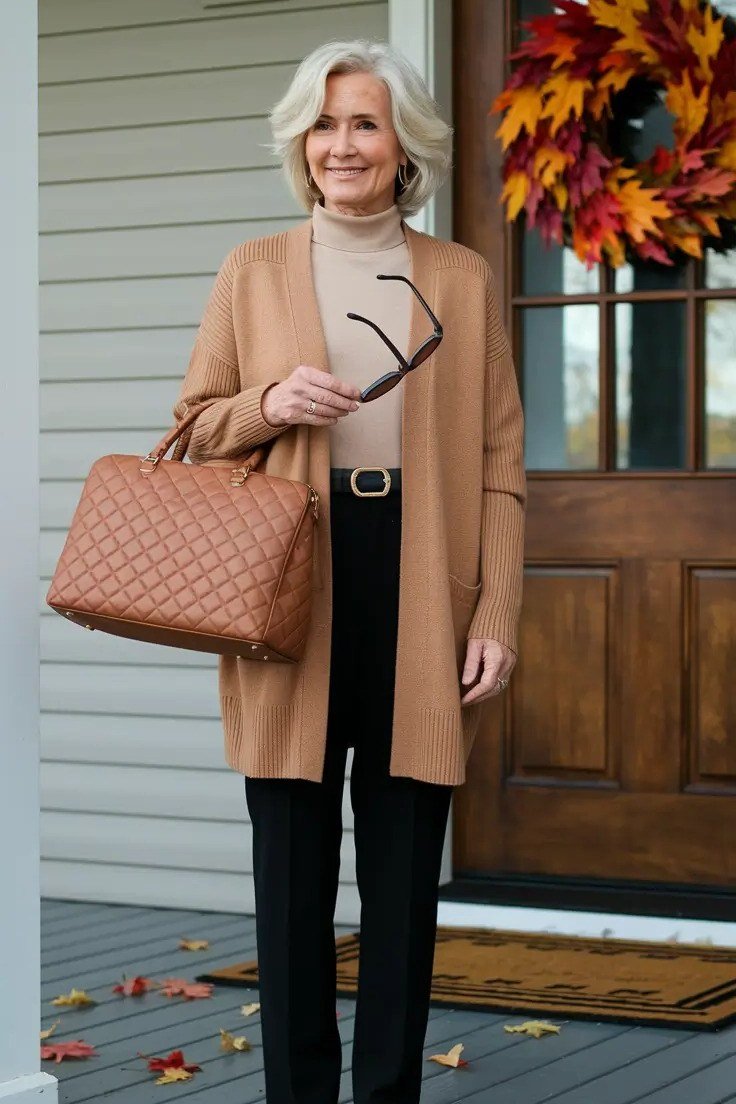 older plus-size woman wearing camel cardigan coat with black trousers and woven handbag