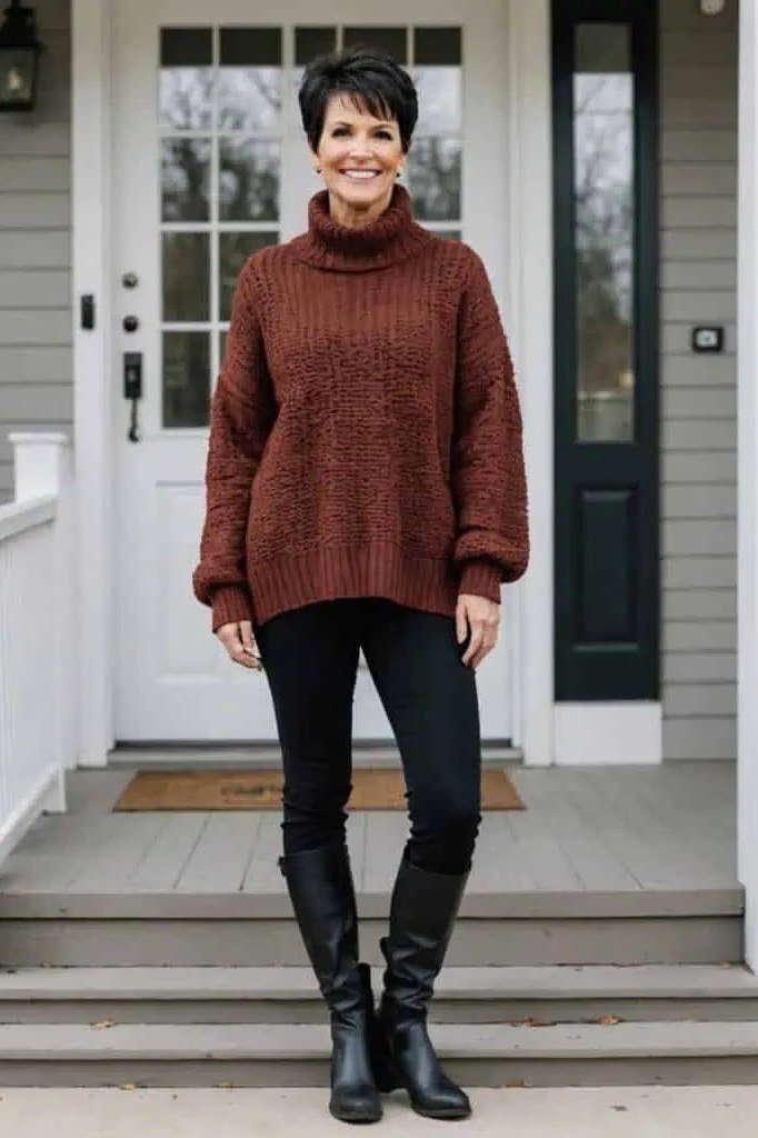 curvy woman over 60 wearing rust cable turtleneck with black leggings and knee boots